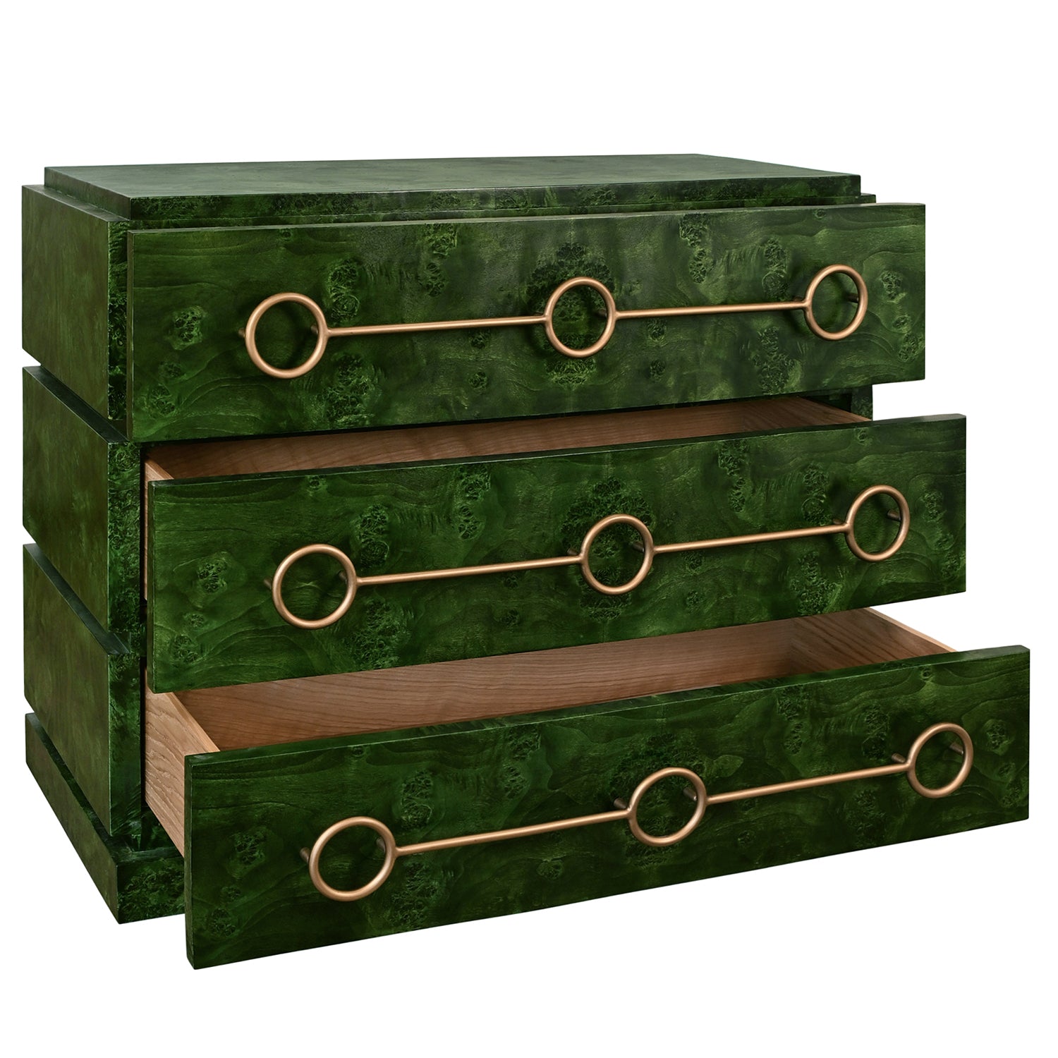 Worlds Away Roderick emerald chest, detail of connected-circle brass hardware