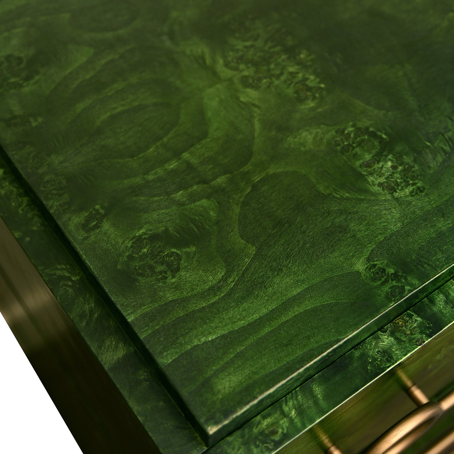 Worlds Away Roderick emerald burl chest, angled detail of drawer edge
