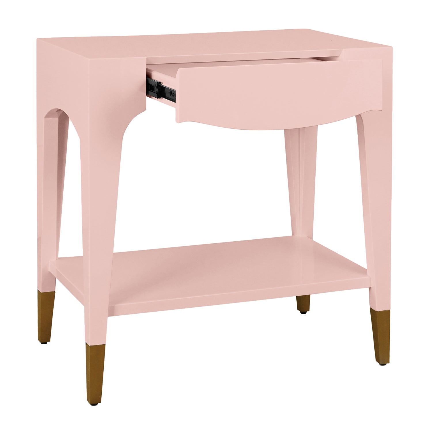 Worlds Away Ronny pink side table, detail of antique brass foot cap