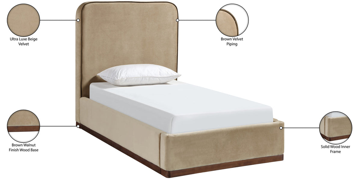 Rava Beige Brown Velvet Upholstered Bed
