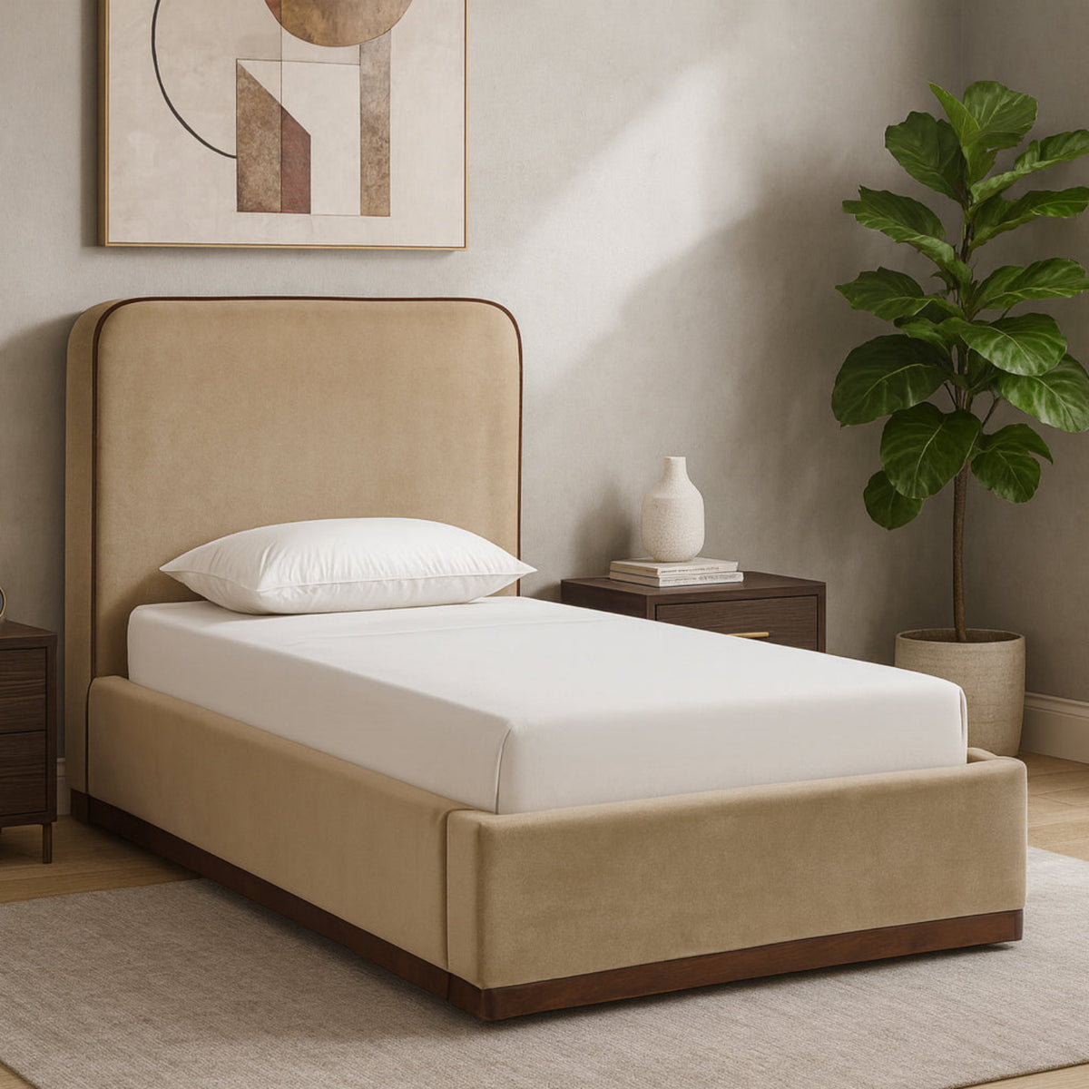 Rava Beige Brown Velvet Upholstered Bed