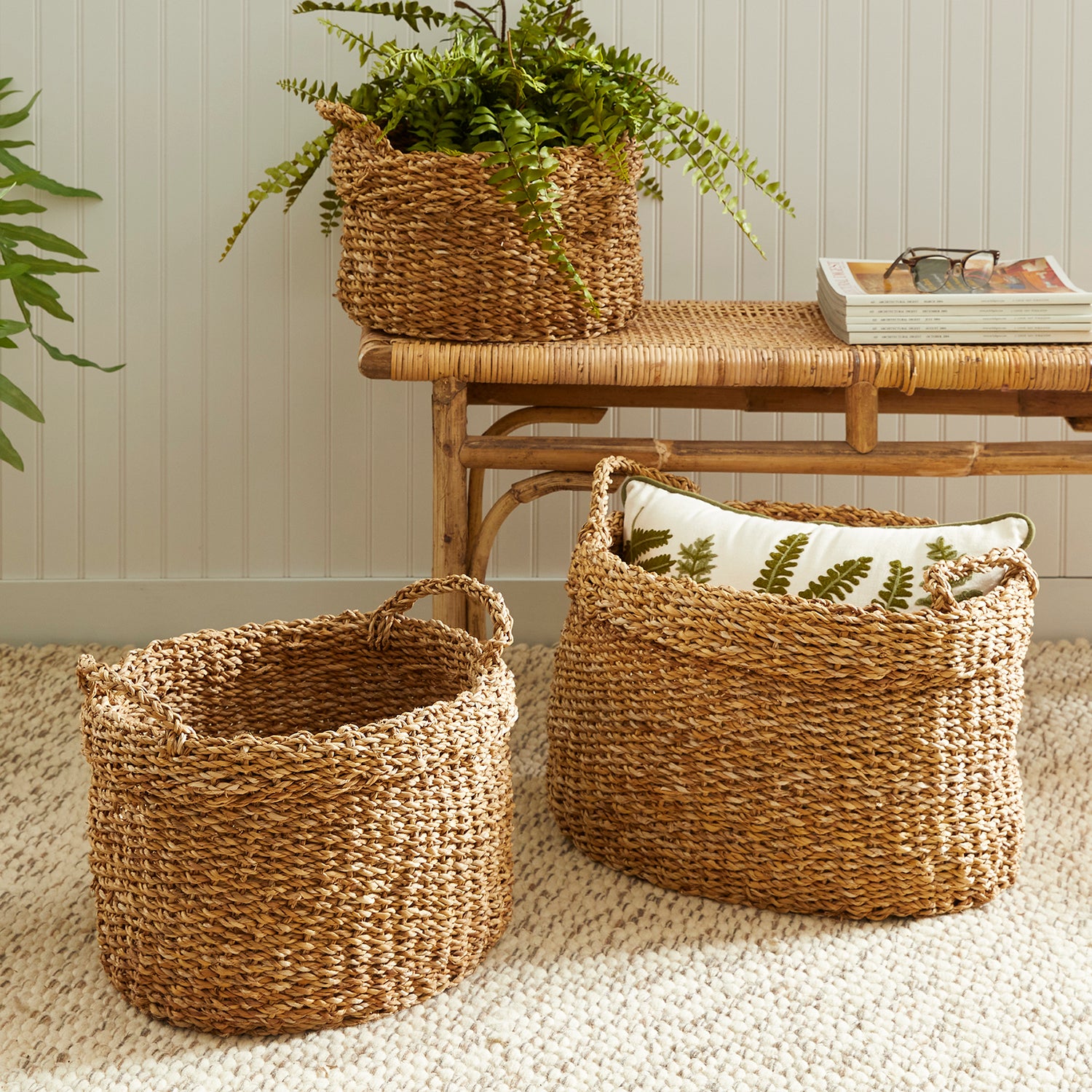 Seagrass Oval Handles & Cuffs Basket Set of 3