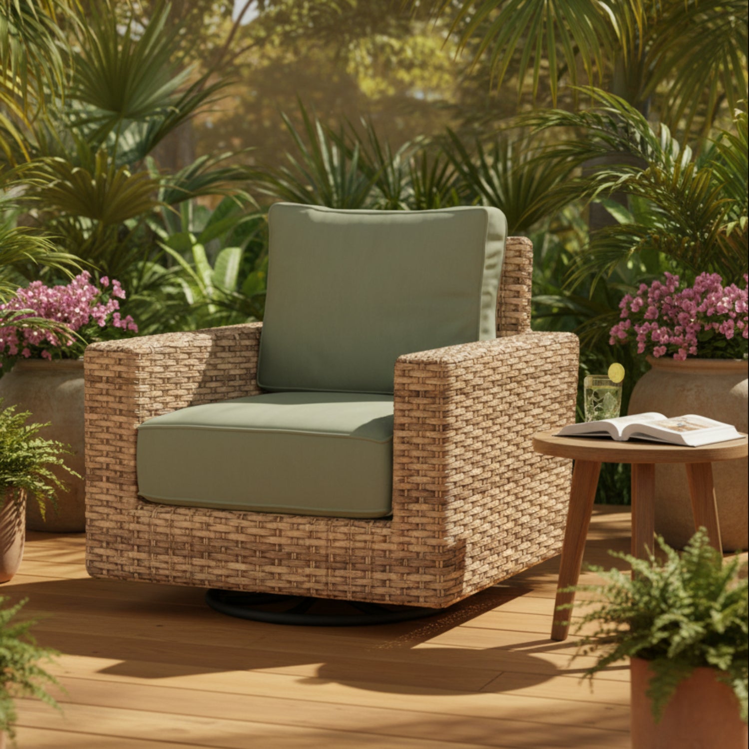 Sunset West Havana Cast Sage w/Self Welt Outdoor Swivel Club Rocker