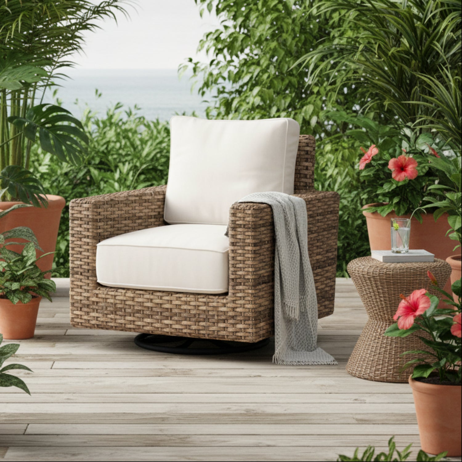 Sunset West Havana Canvas Natural w/Self Welt Outdoor Swivel Club Rocker