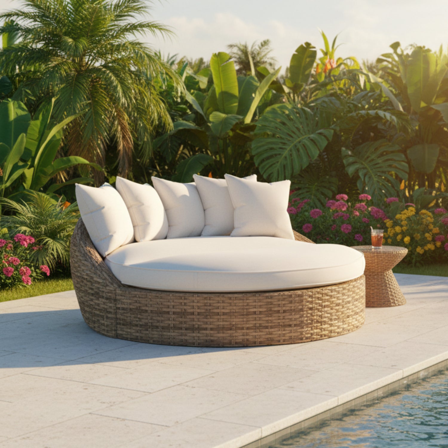 Sunset West Havana Canvas Natural w/Self Welt Round Outdoor Daybed