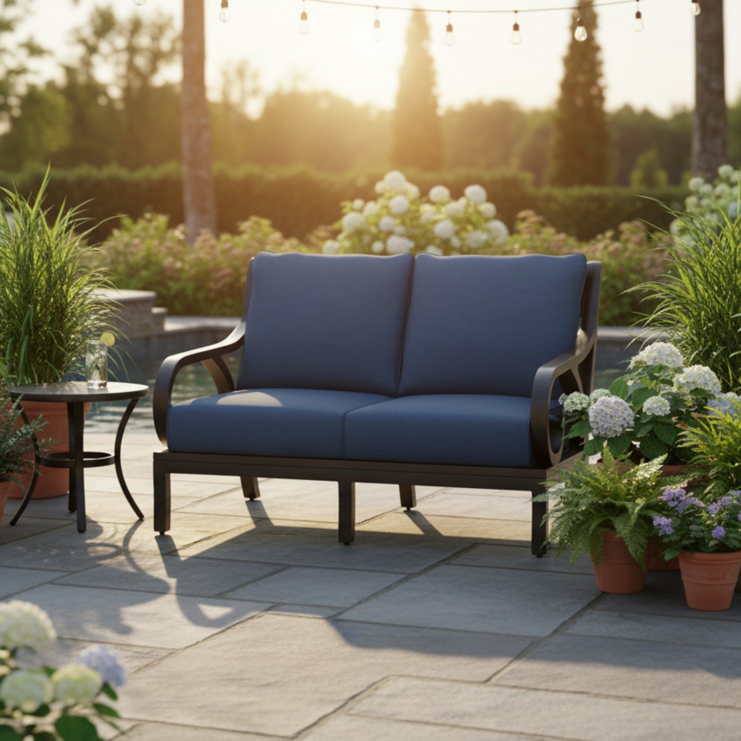 Sunset West Monterey Spectrum Indigo w/Self Welt Outdoor Loveseat