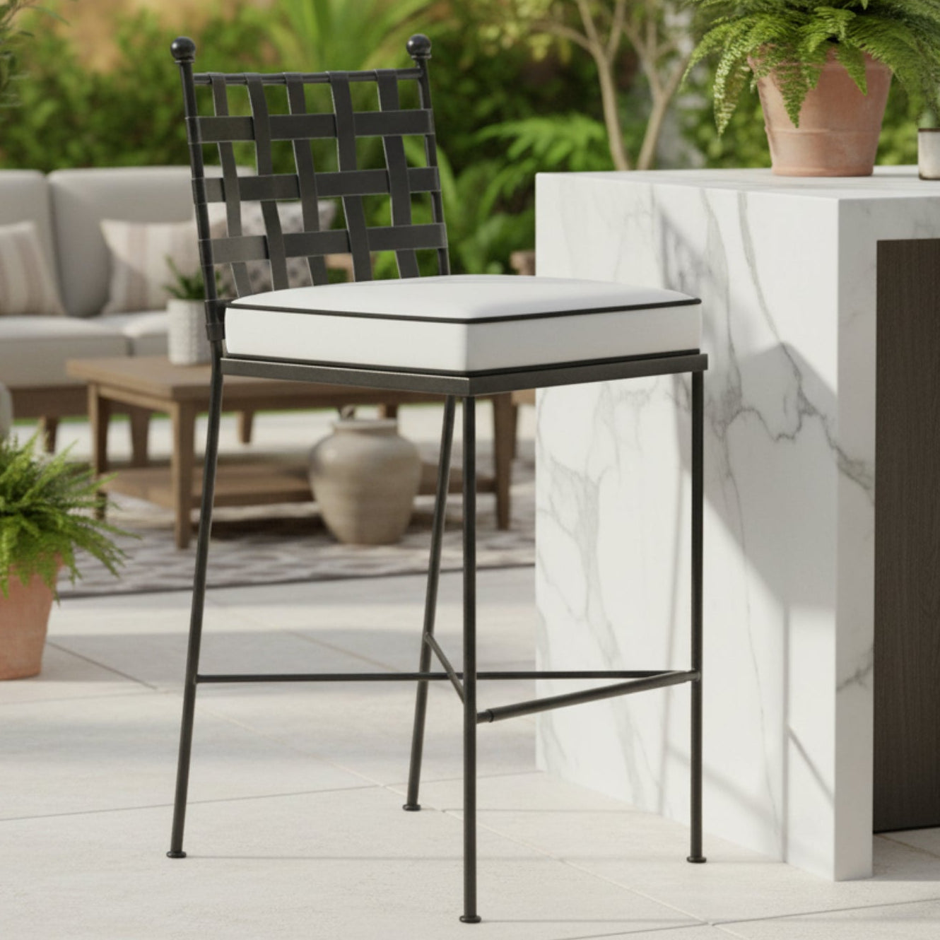 Sunset West Provence Canvas Natural w/Contrast Spectrum Carbon Welt Outdoor Barstool Set of 2