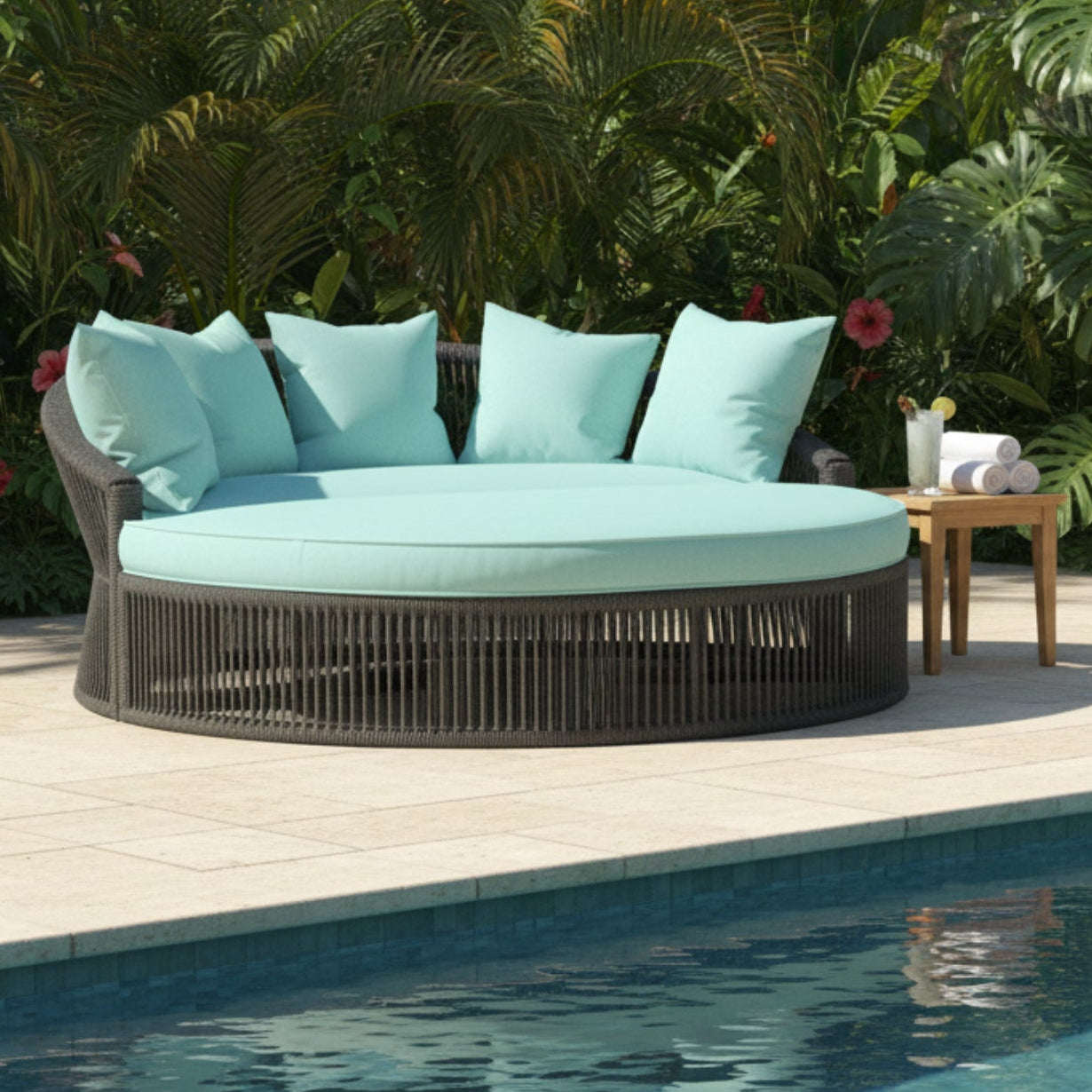 Sunset West Milano Dupione Celeste w/Self Welt Outdoor Daybed, Slate finish, front view