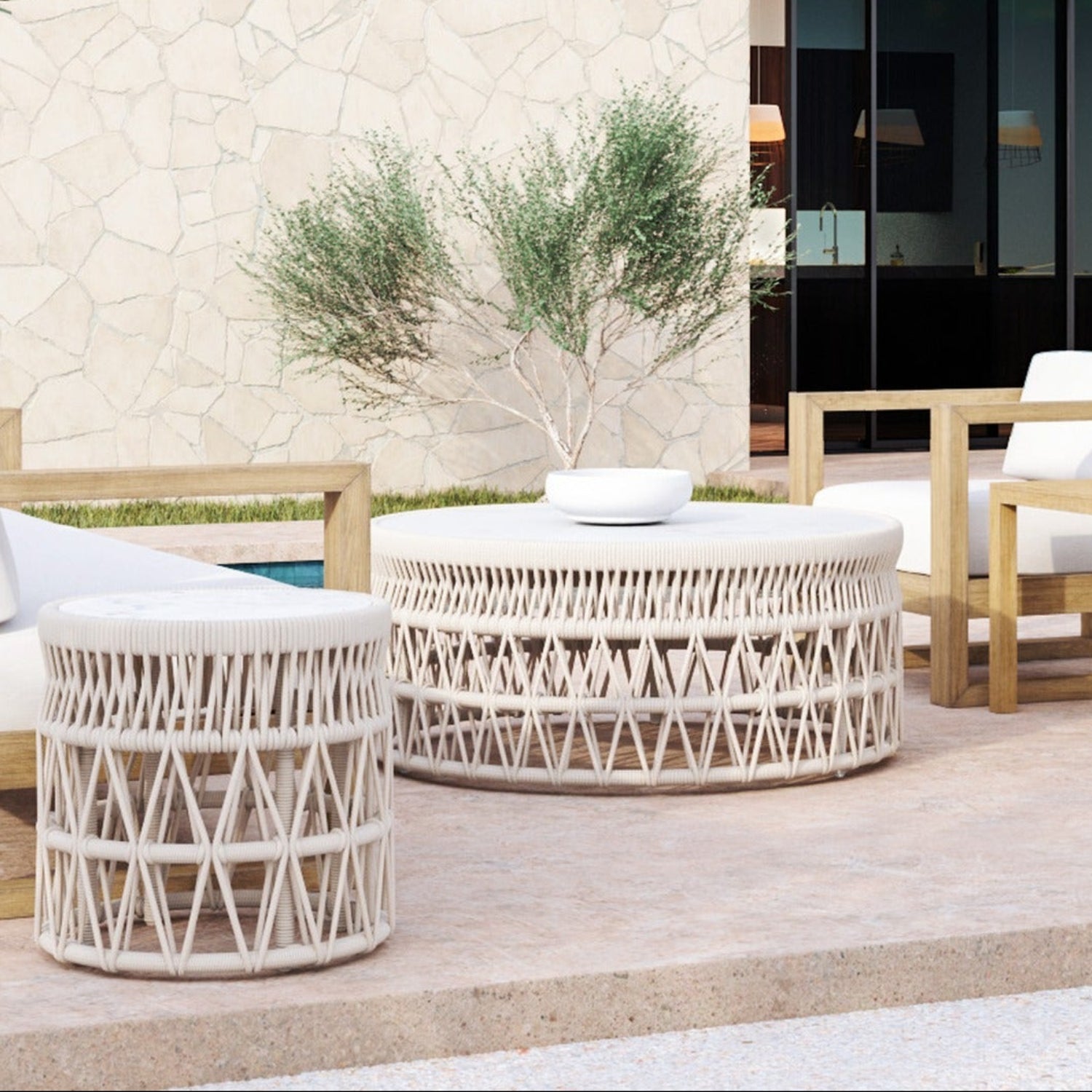 Sunset West Dana Honed Carrara Marble Top Outdoor Coffee Table