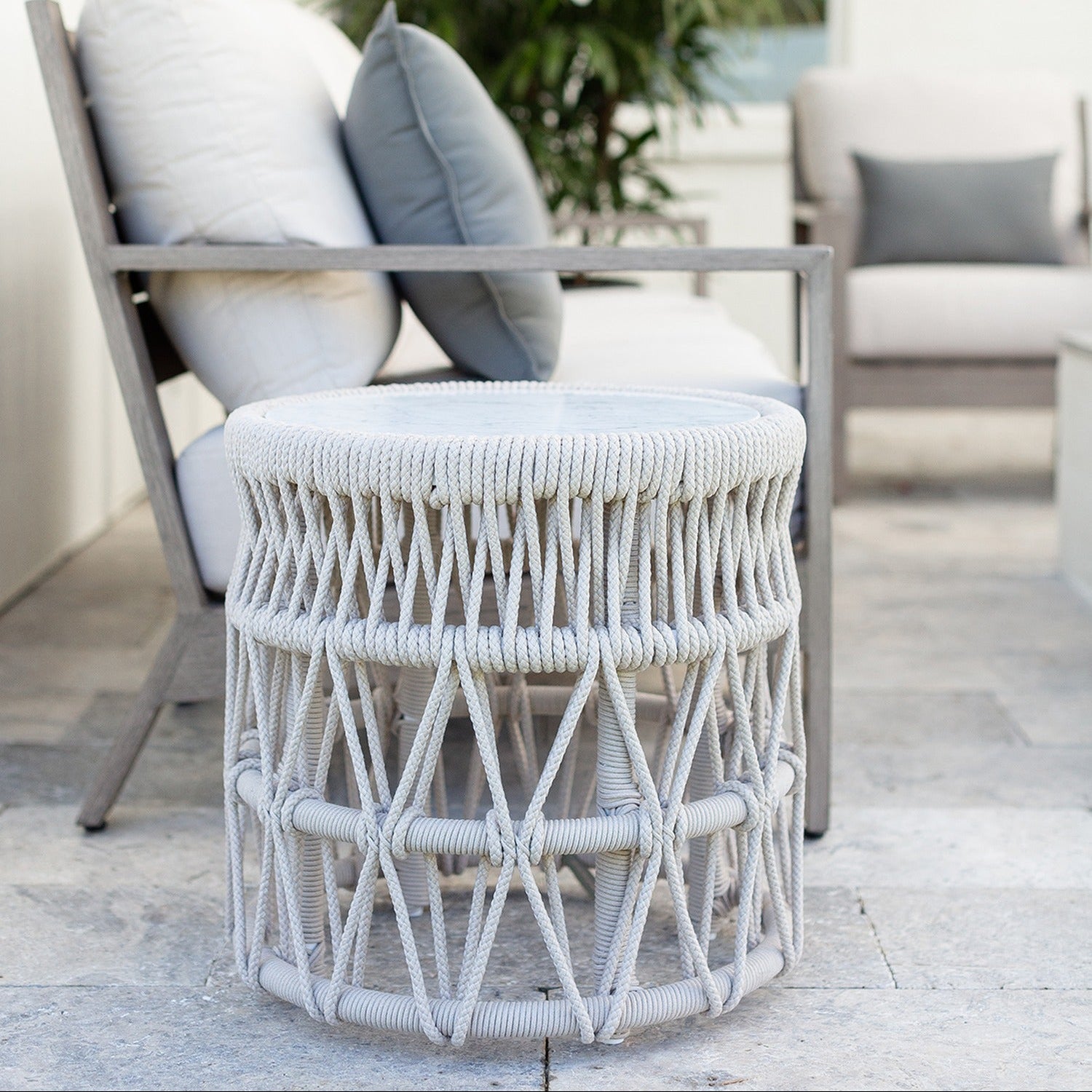 Sunset West Dana Honed Carrara Marble Top Outdoor End Table
