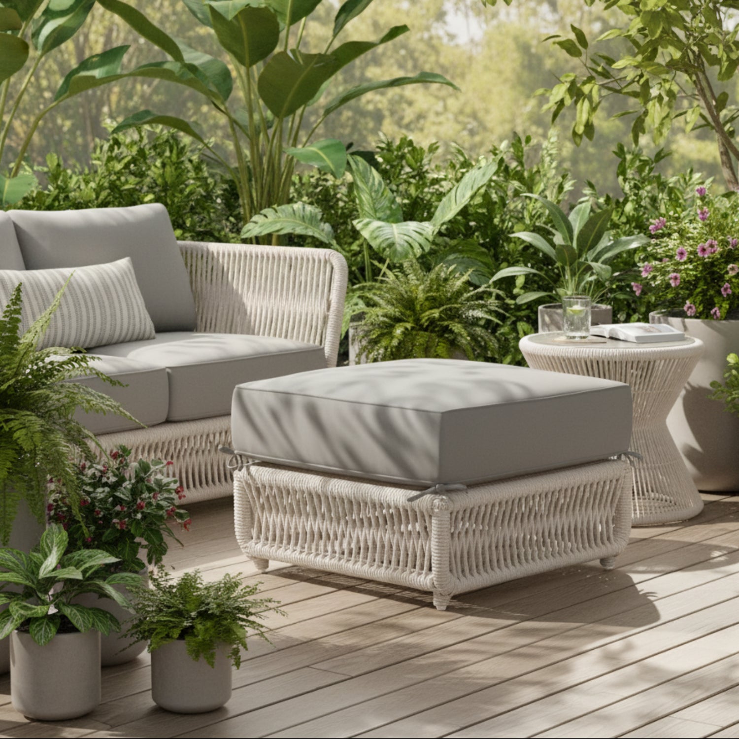 Sunset West Dana Rope Canvas Granite w/Self Welt Outdoor Ottoman