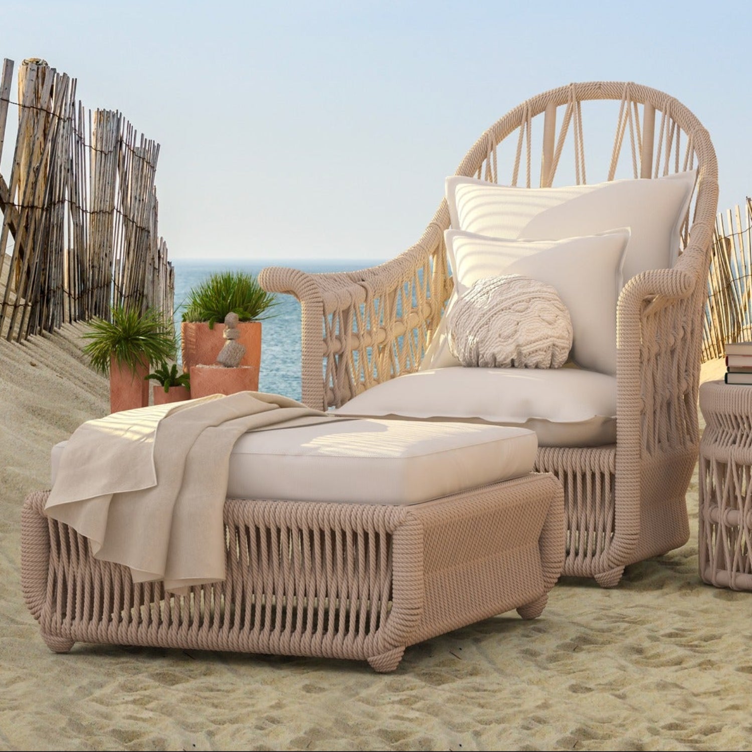 Sunset West Dana Rope Linen Canvas w/Self Welt Outdoor Ottoman