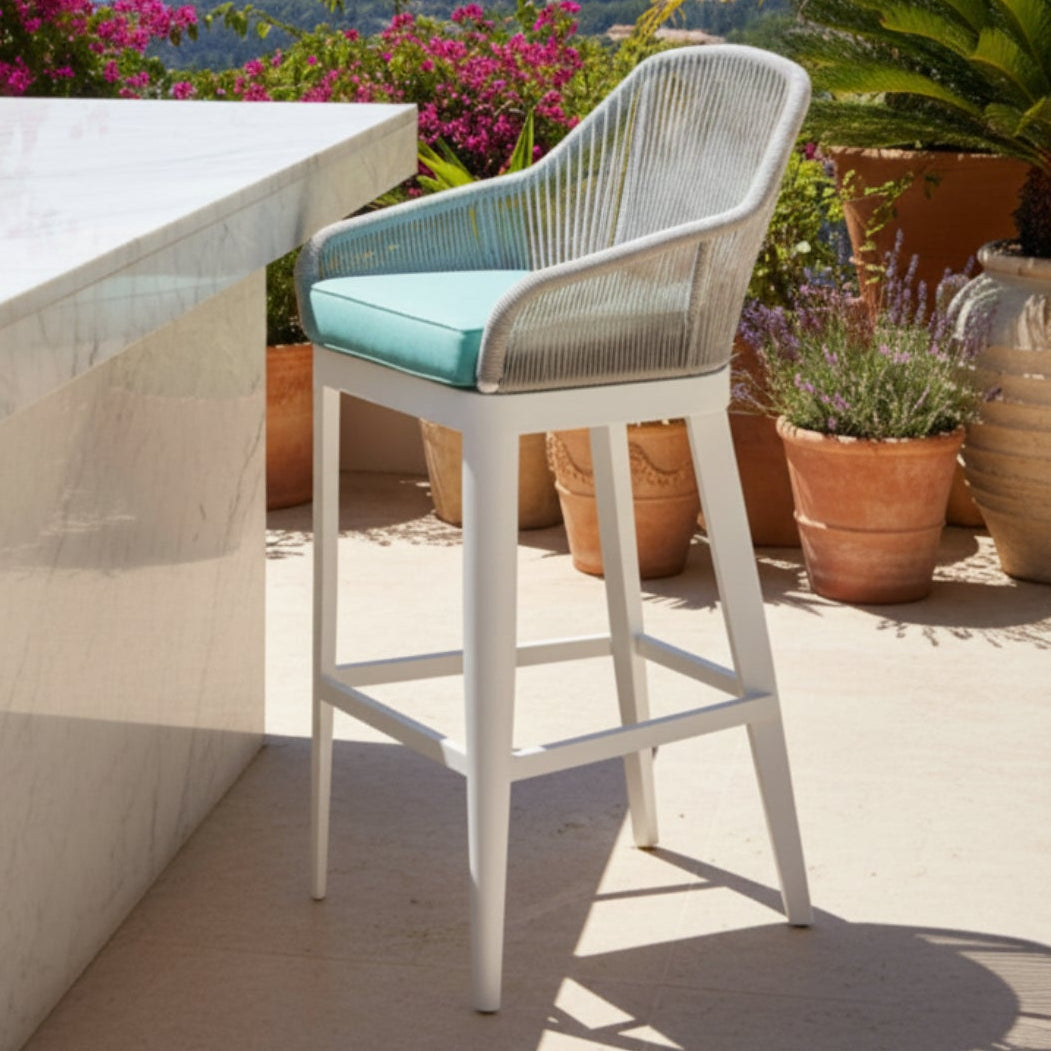 Sunset West Miami Dupione Celeste w/Self Welt Outdoor Barstool Set of 2, front view