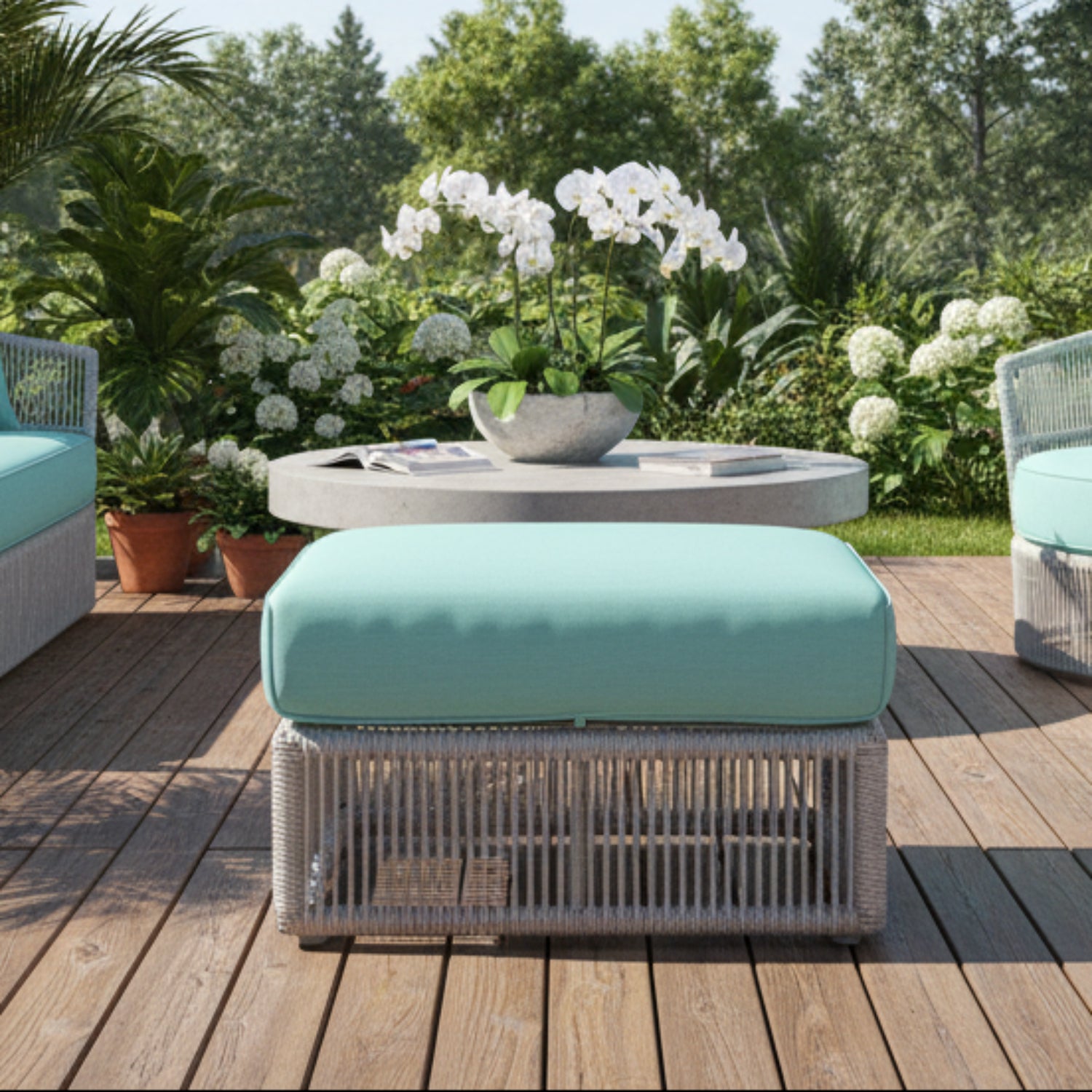 Sunset West Miami Dupione Celeste w/Self Welt Outdoor Ottoman