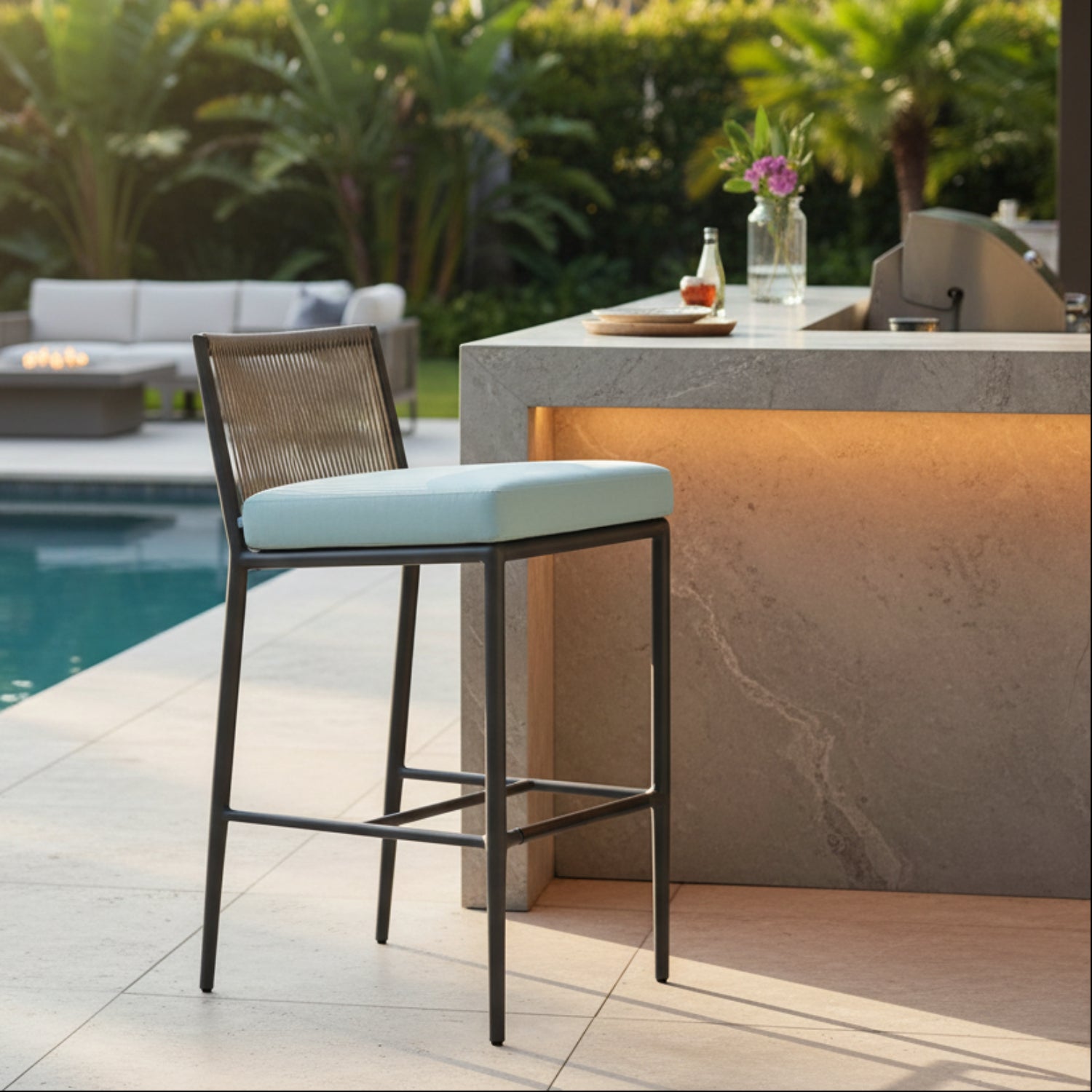 Sunset West Pietra Dupione Celeste Outdoor Barstool Set of 2
