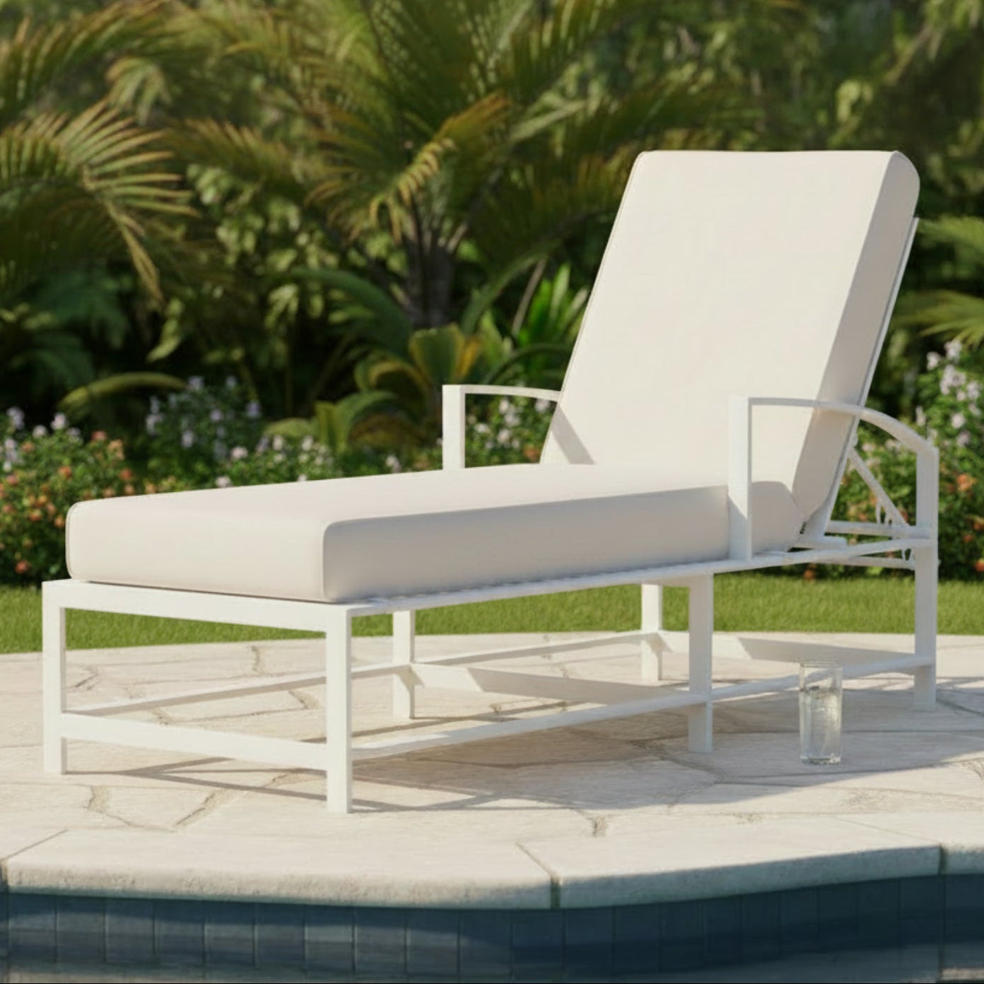 Sunset West Bristol Canvas Natural w/Self Welt Outdoor Chaise outdoor chaise lounge in powder-coated aluminum, front view