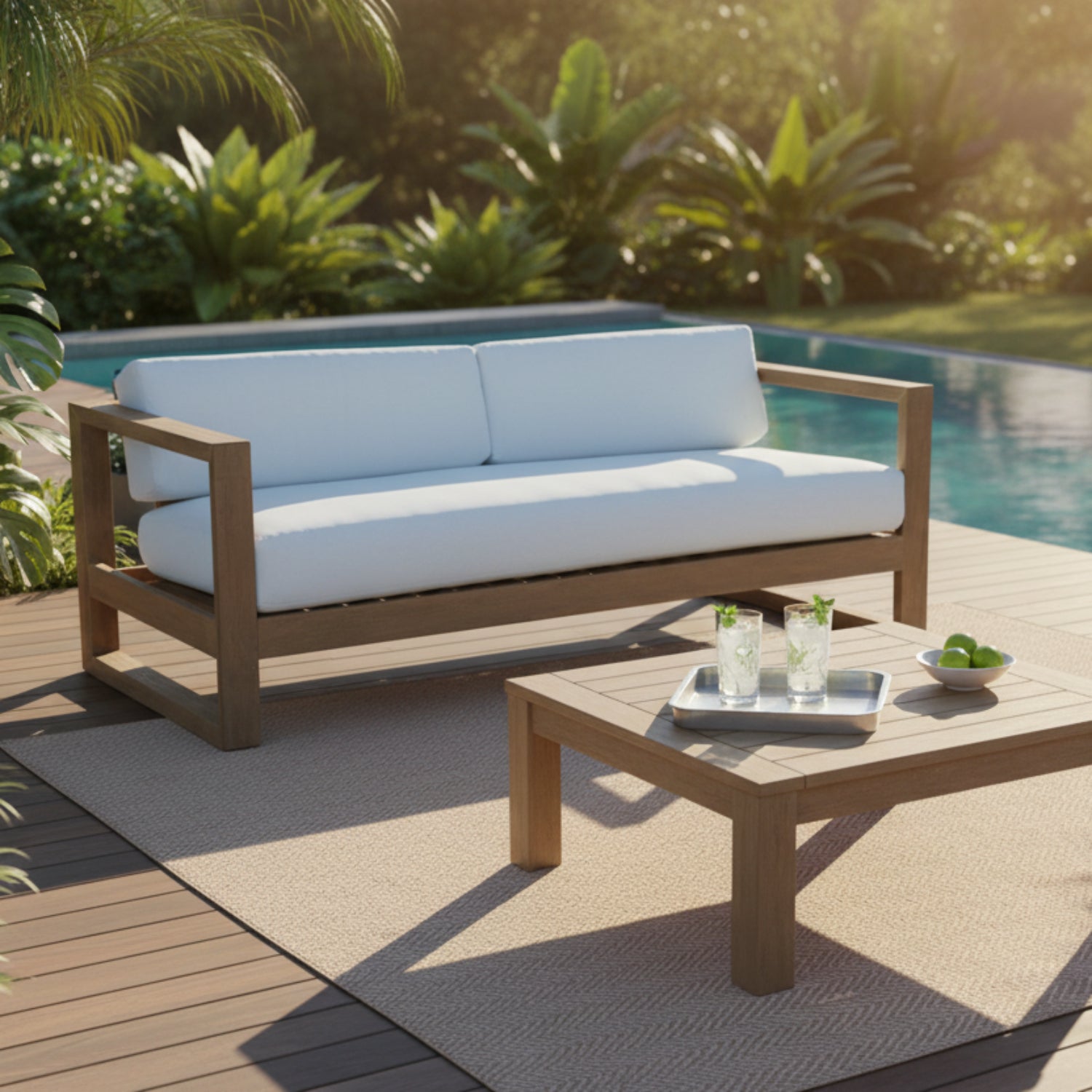 Sunset West Coastal Teak Canvas Skyline Outdoor Sofa