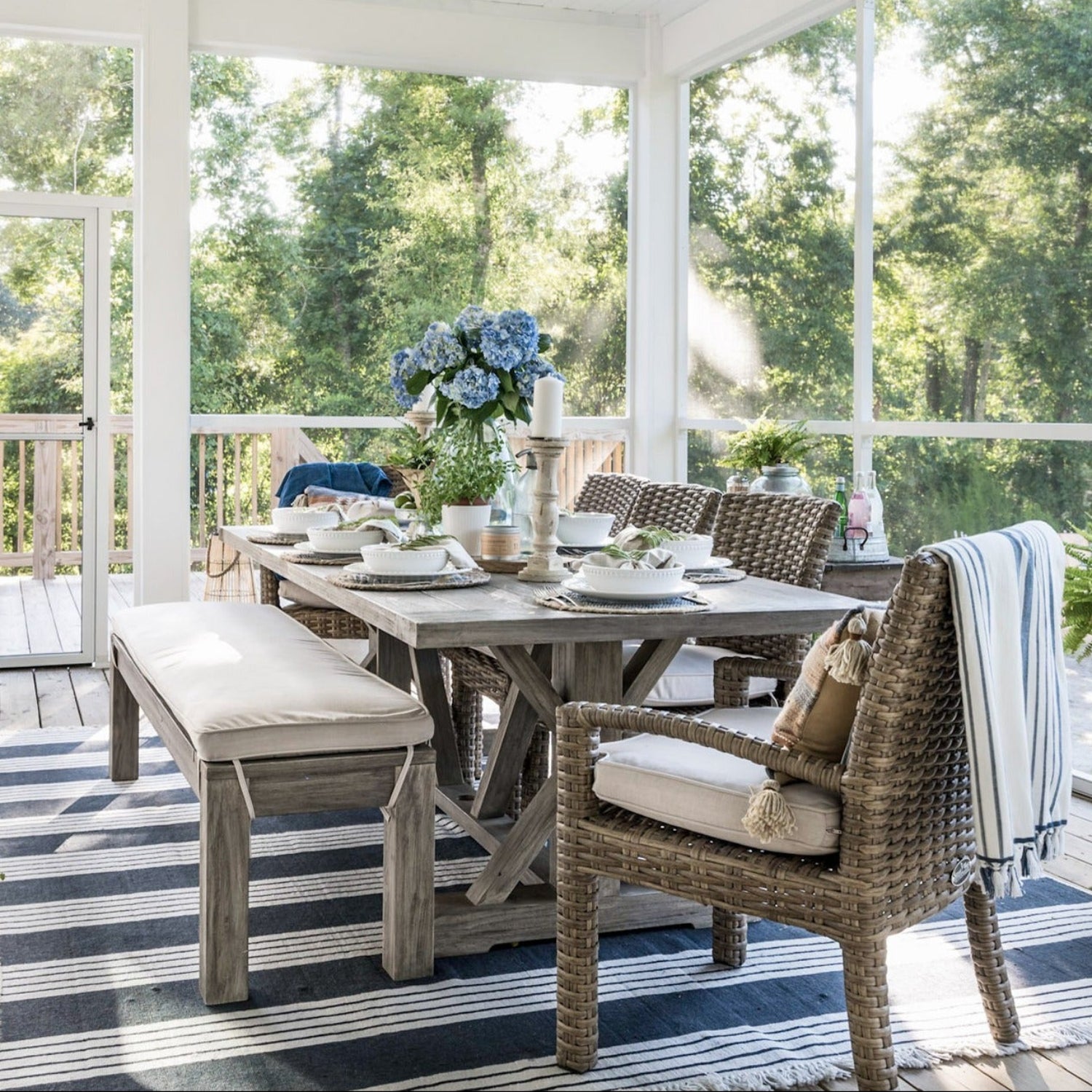 Sunset West Coastal Teak Canvas Outdoor Dining Bench