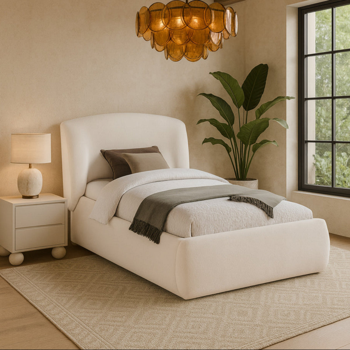 Sandro Cream Chenille Fabric Upholstered Bed