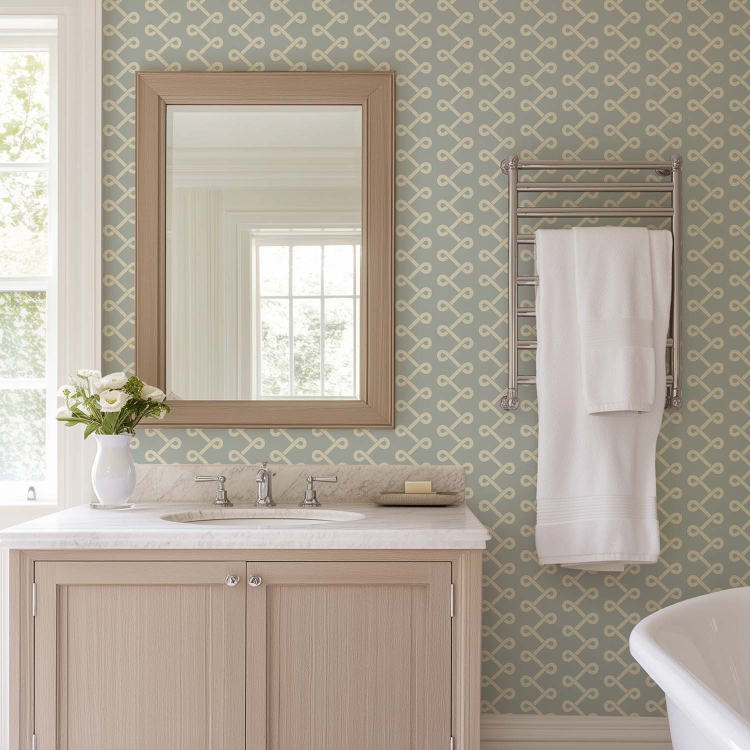 Soft Knot designer wallpaper in Shell Tint styled in a bright hallway