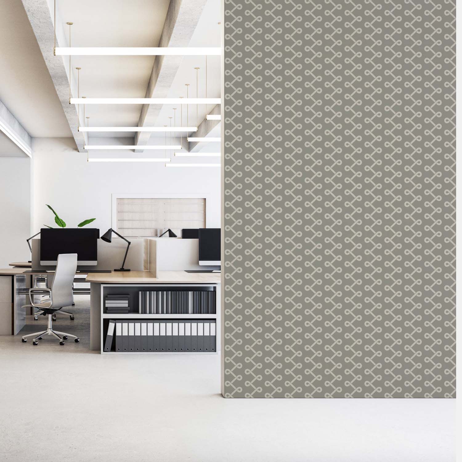 Soft Knot designer wallpaper in Eucalyptus styled in a paneled den