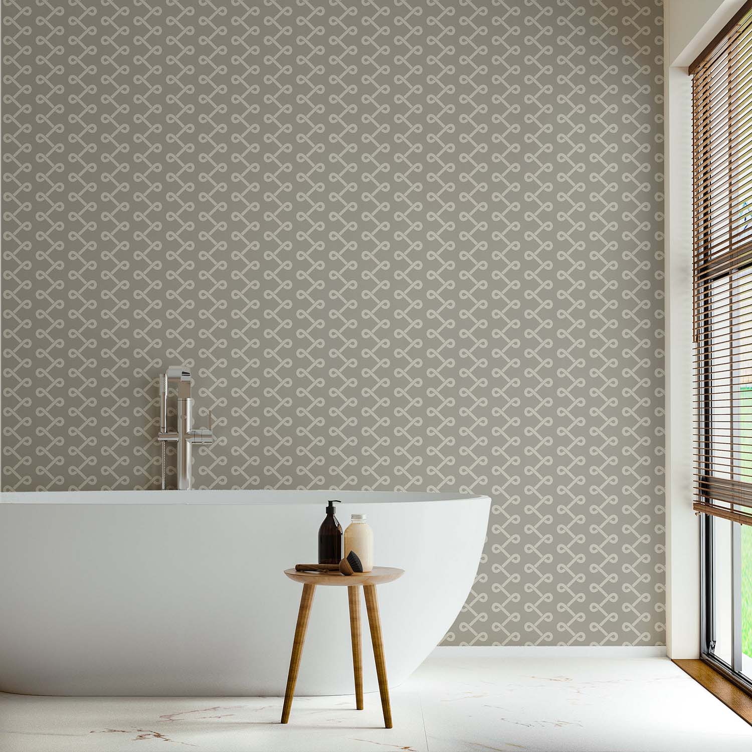 Soft Knot designer wallpaper in Pale Mineral Blue styled in a butler's pantry