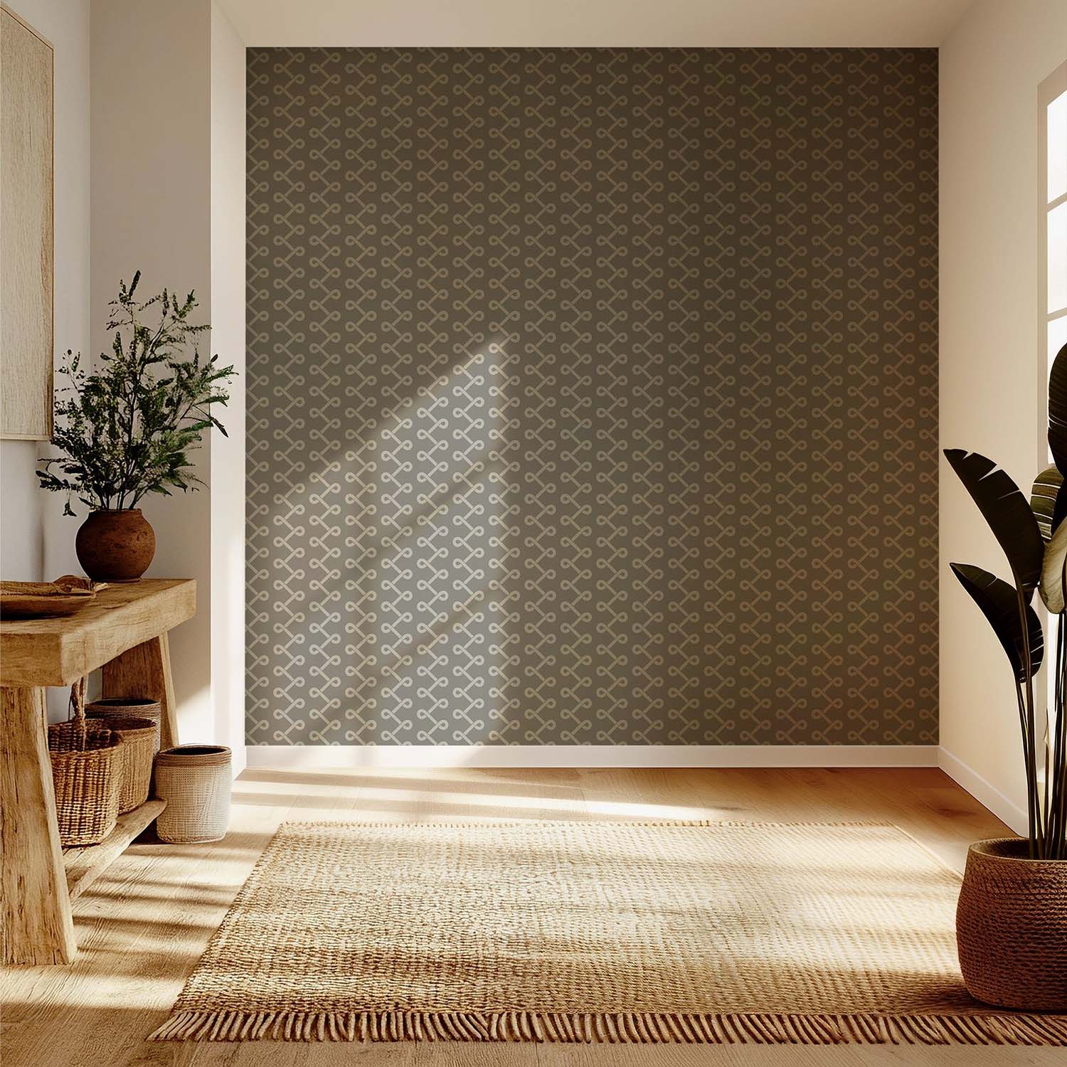 Soft Knot designer wallpaper in Walnut styled in a welcoming foyer