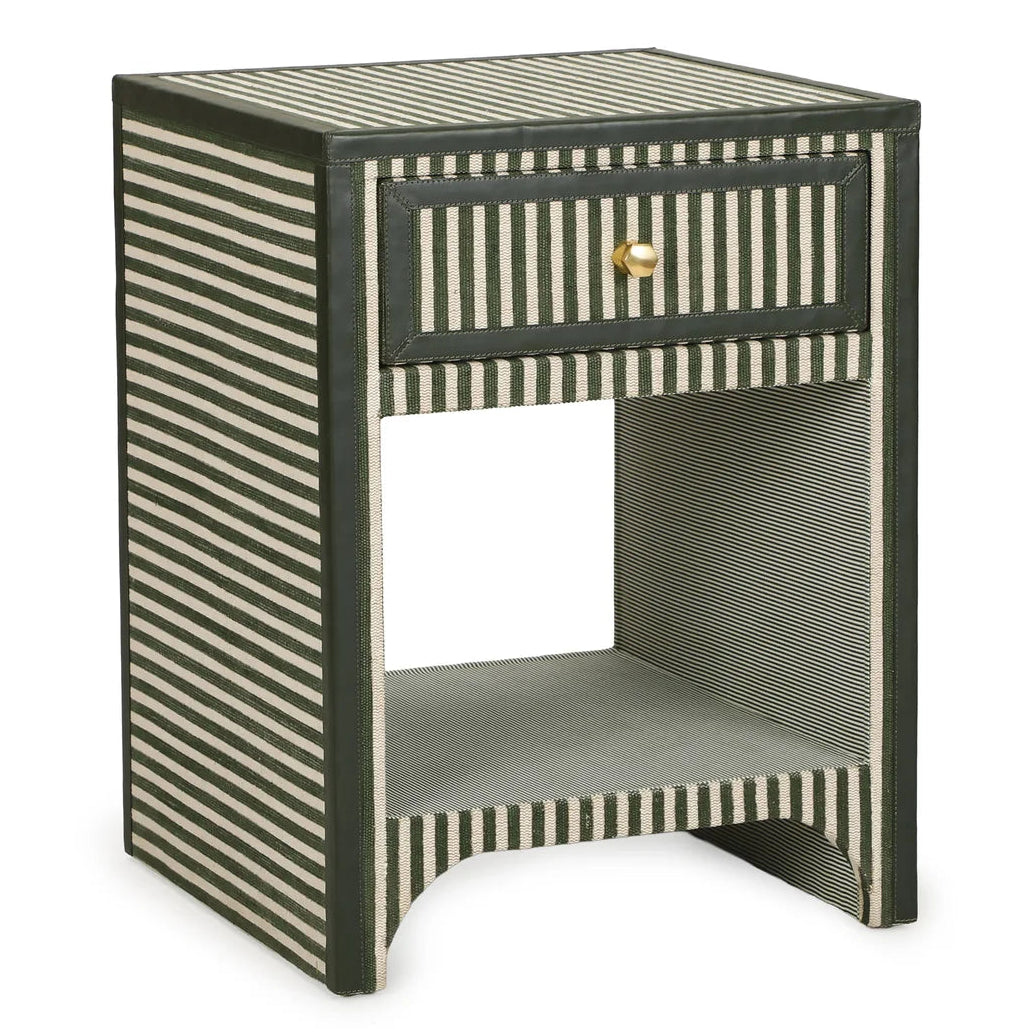 TOV Furniture Kora Green Cotton Jute 1-Drawer Nightstand in green striped cotton-jute, primary product view