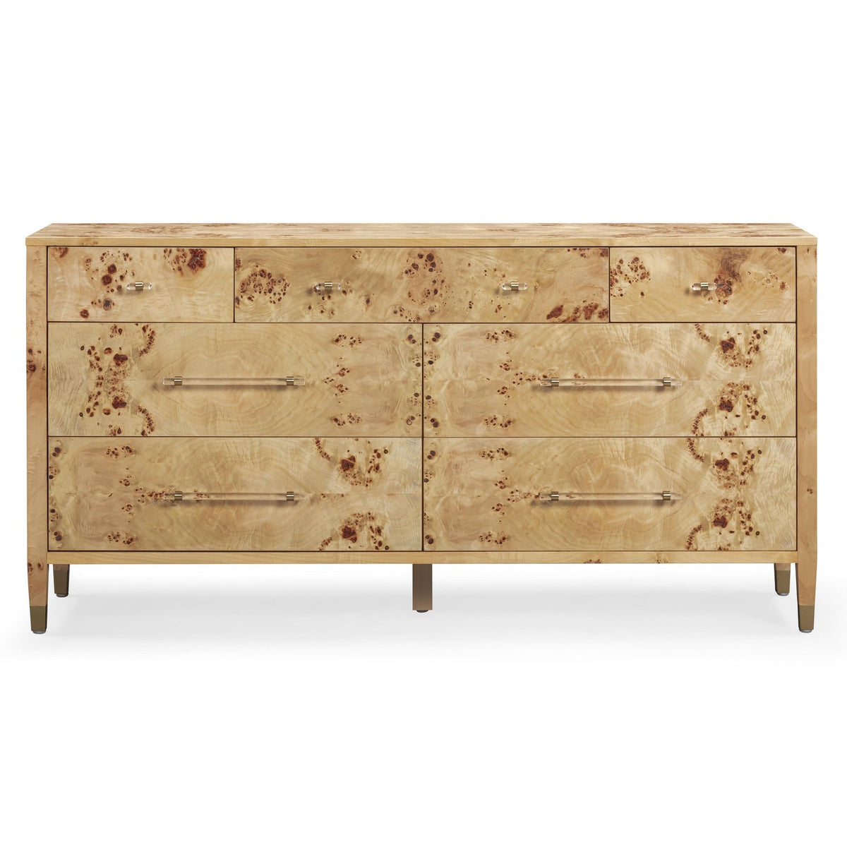 TOV Furniture Brandyss Natural Burl 7-Drawer Dresser in natural burl veneer with brass accents, primary product view