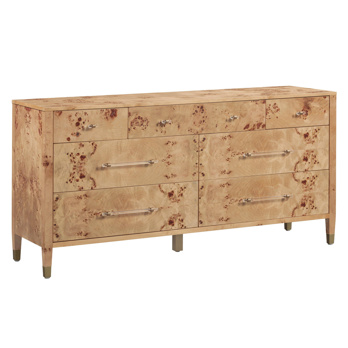 TOV Furniture Brandyss Honey Burl 7-Drawer Dresser in honey burl veneer with brass accents, primary product view