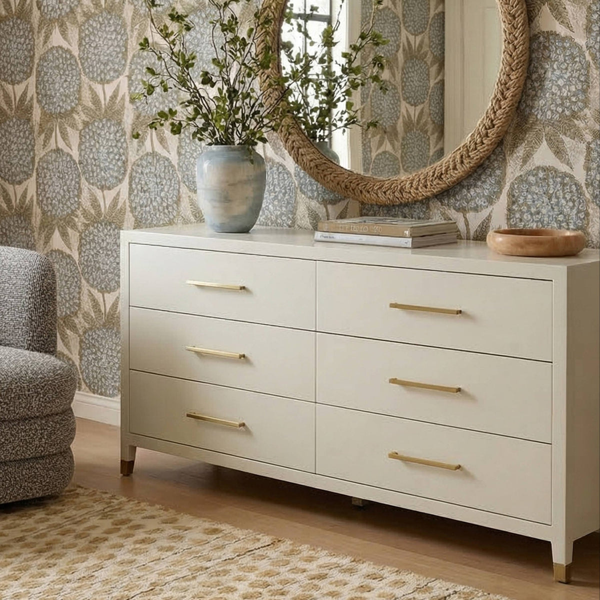 TOV Furniture Dani Cream Faux Shagreen 6-Drawer Dresser in cream faux shagreen over acacia and MDF, primary product view