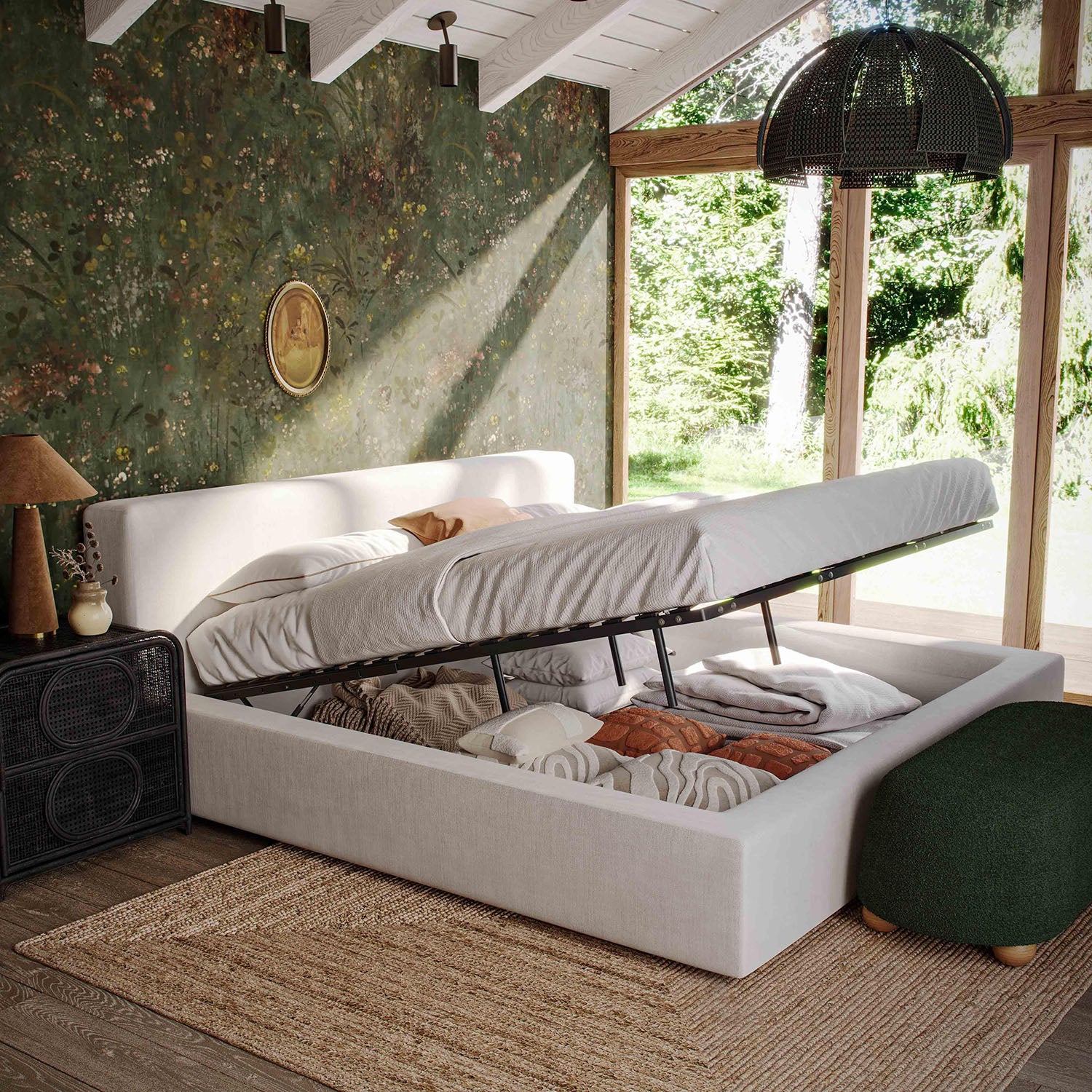 TOV Furniture Meena Cream Upcycled Linen Storage Bed