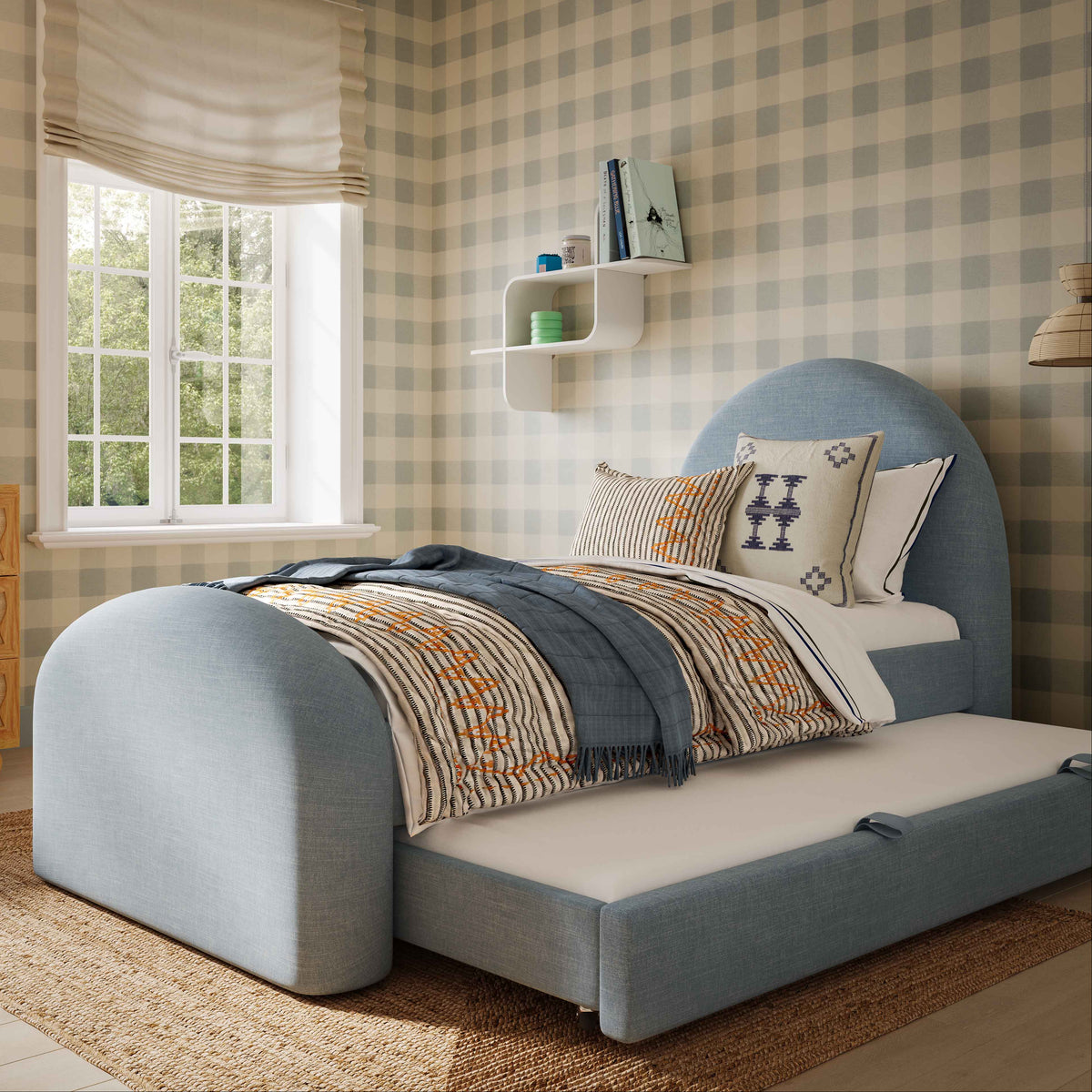 TOV Furniture Moon Chambray Blue Performance Chenille Twin Trundle Bed in chambray blue chenille, primary product view