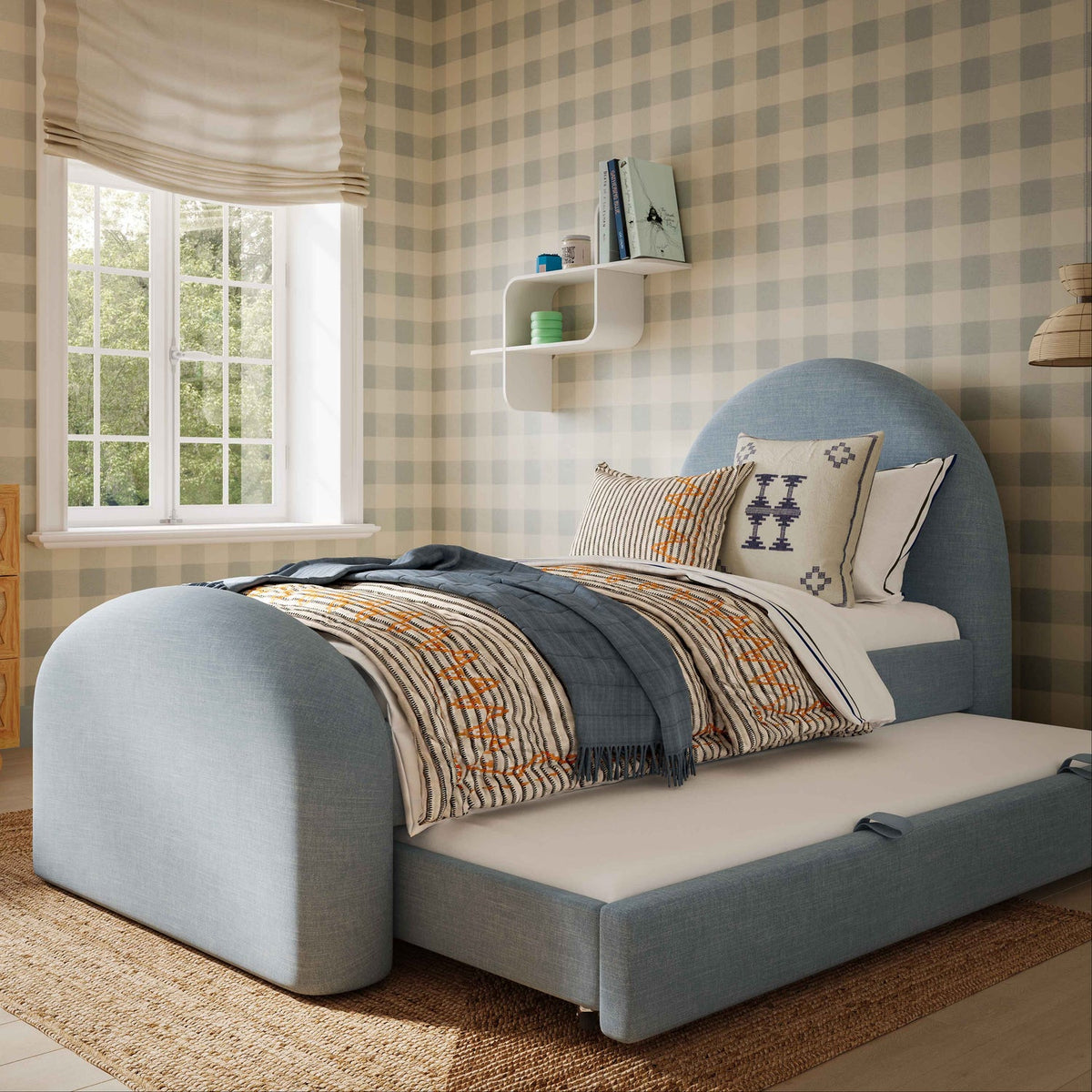 TOV Furniture Moon Chambray Blue Performance Chenille Twin Trundle Bed in chambray blue chenille, primary product view