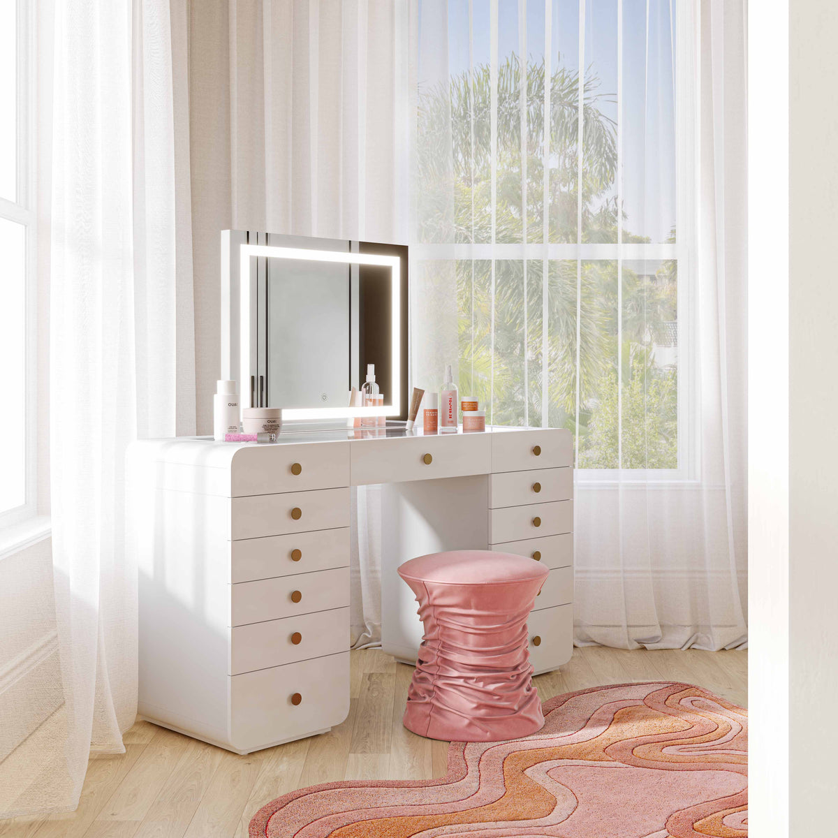 TOV Furniture Hollywood 56in White Desk with LED Panel Vanity Mirror