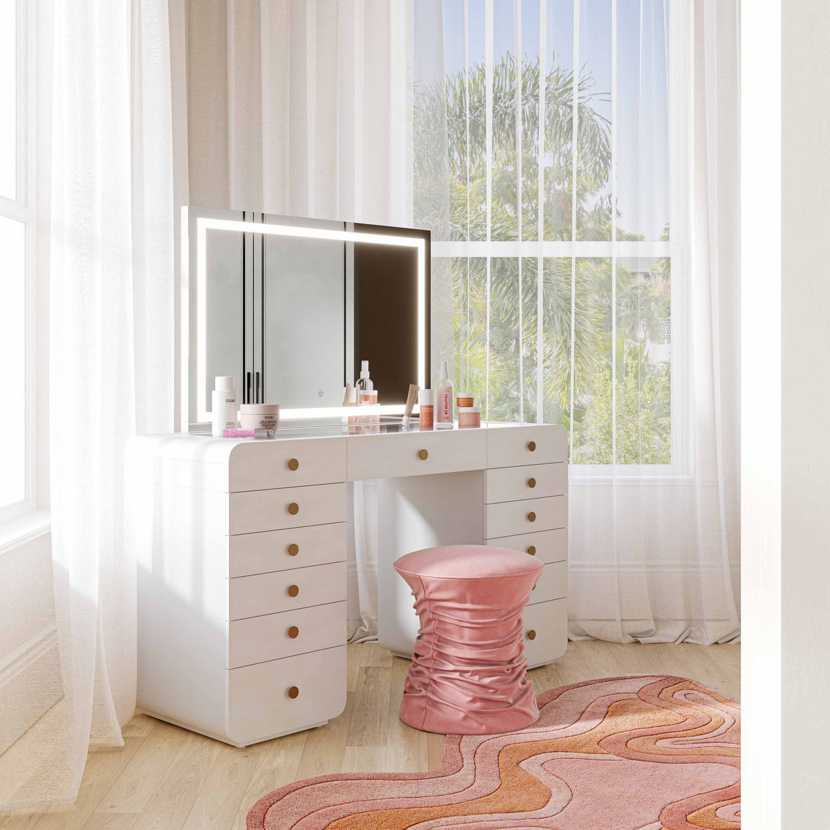 TOV Furniture Hollywood 56in White Desk with LED Panel Vanity Mirror