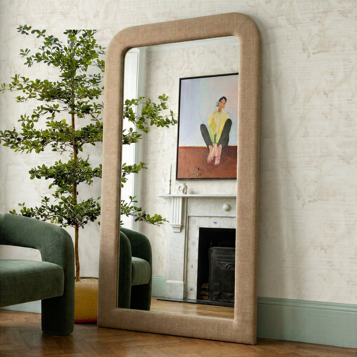 TOV Furniture Heidi Honey Upholstered Oversized Floor Mirror in honey fabric-wrapped frame, primary product view