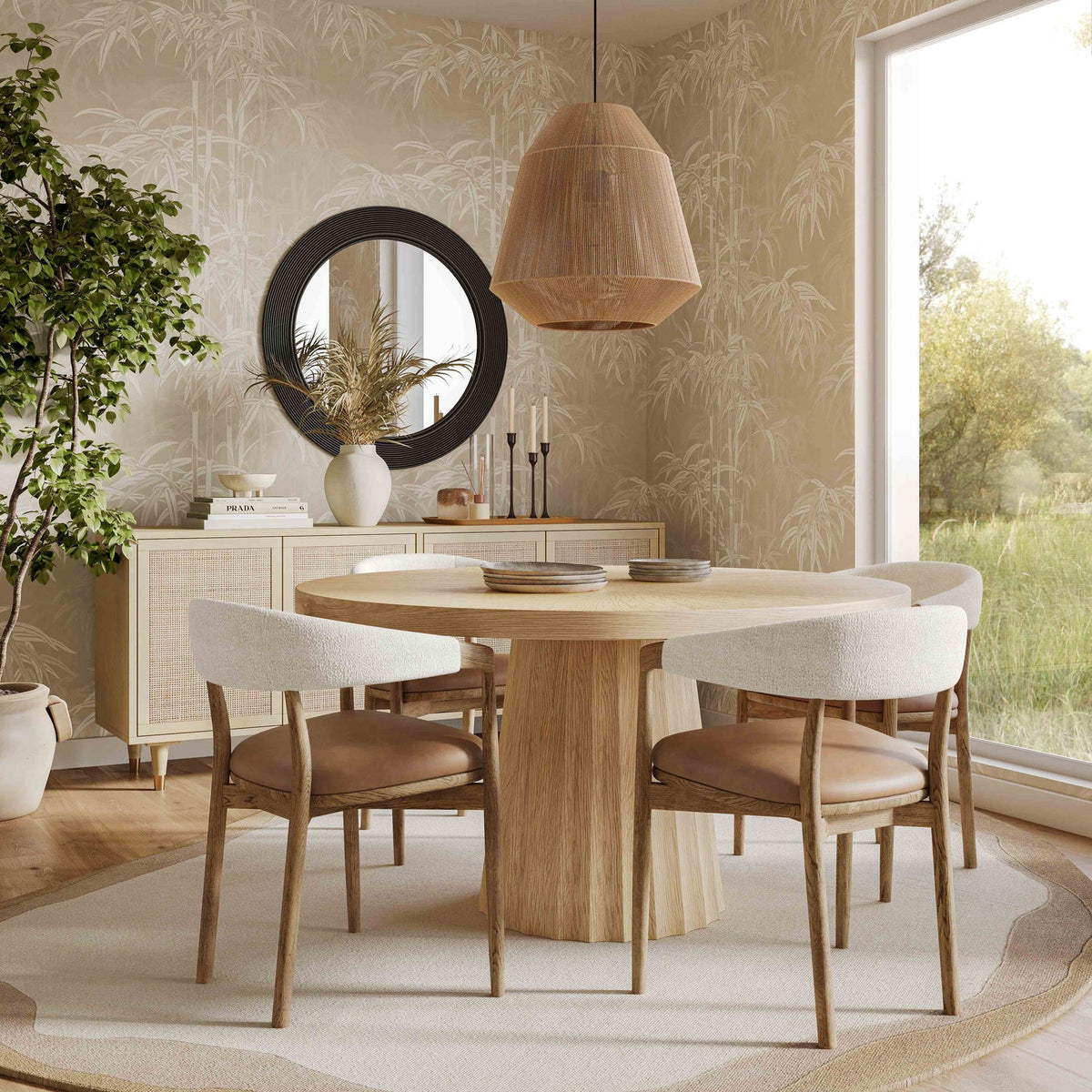 TOV Furniture Vina Cognac Performance Vegan Leather/Cream Textured Weave Dining Chair