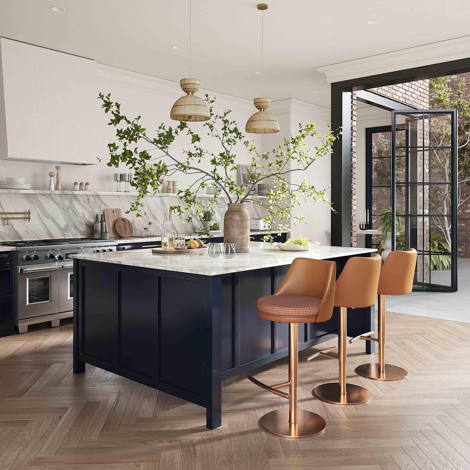 TOV Furniture Reagan Cafe Au Lait Performance Vegan Leather and Houndstooth Adjustable Swivel Stool