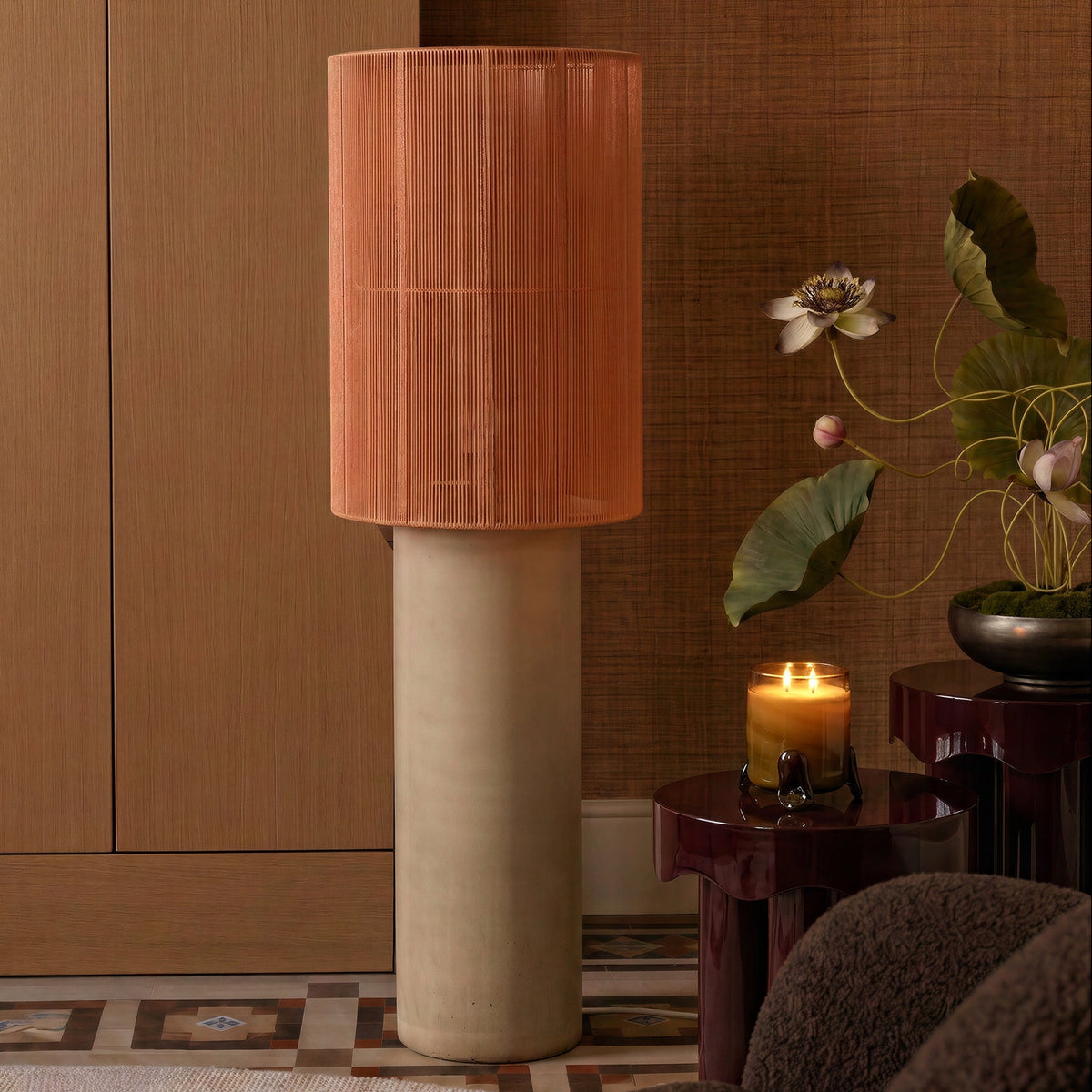 TOV Furniture Mondada Terracotta Concrete Floor Lamp in terracotta concrete with cotton shade, primary product view