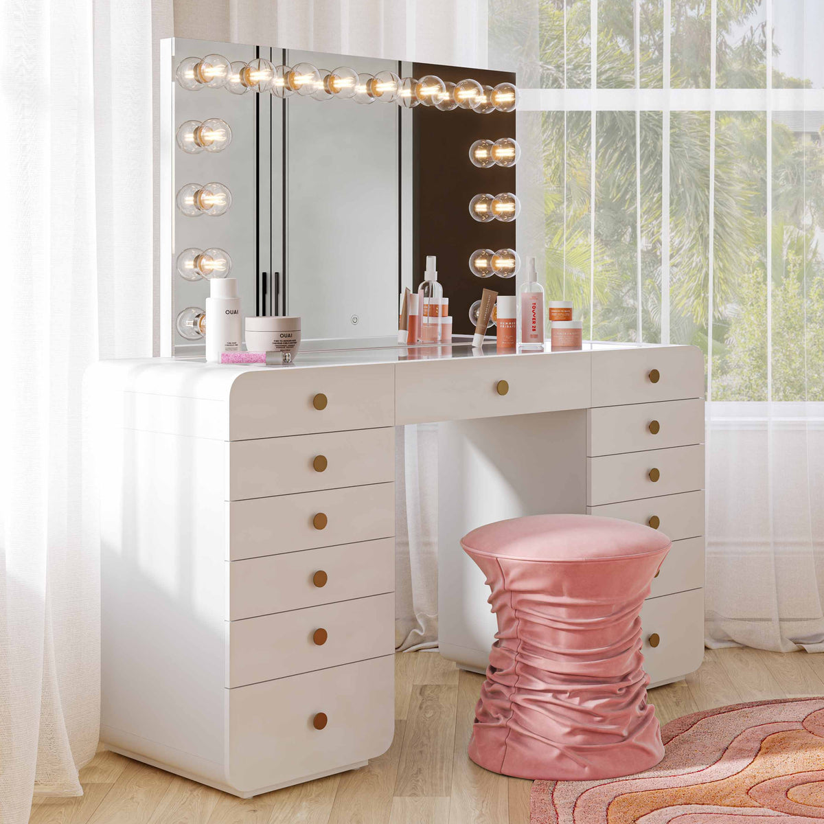 TOV Furniture Hollywood 56in White Desk with Vanity Mirror in white with glass mirror, primary product view
