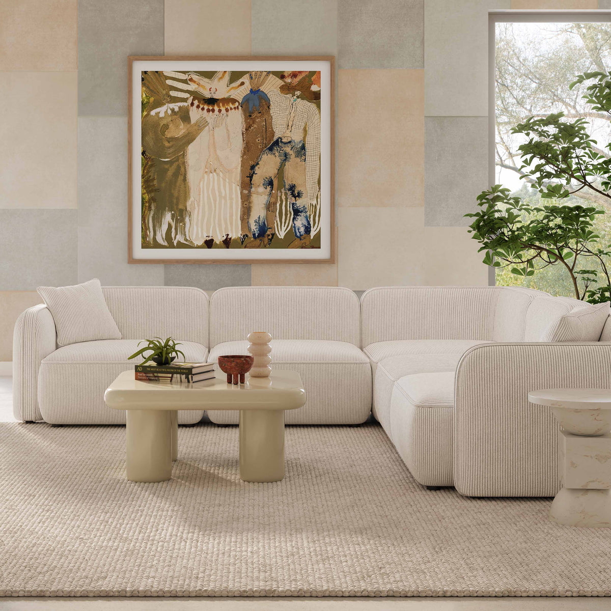 TOV Furniture Travie White Sand Performance Corduroy Velvet 5-Piece Modular L-Sectional Sofa