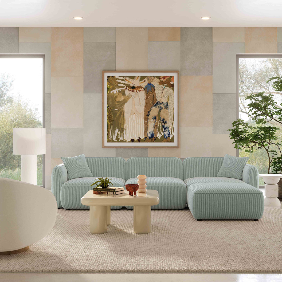 TOV Furniture Travie Sea Blue Performance Corduroy Velvet 4-Piece Modular Sectional Sofa
