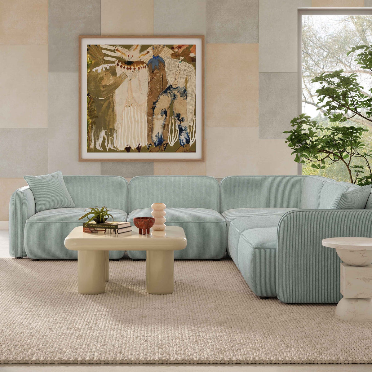 TOV Furniture Travie Sea Blue Performance Corduroy Velvet 5-Piece Modular L-Sectional Sofa