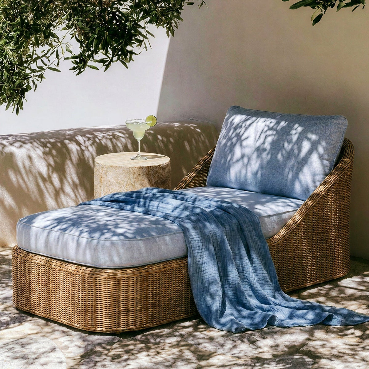 TOV Furniture Axel Blue Boucle Outdoor Lounge Chair in blue boucle, primary product view