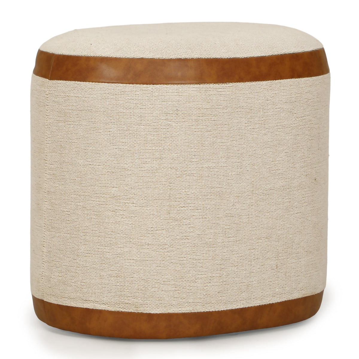 TOV Furniture Huche Cotton Jute and Vegan Leather Oval Pouf in natural and saddle brown, primary product view
