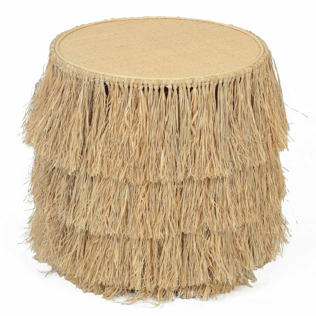 TOV Furniture Luau Natural Rattan Round End Table in natural fringed rattan, primary product view