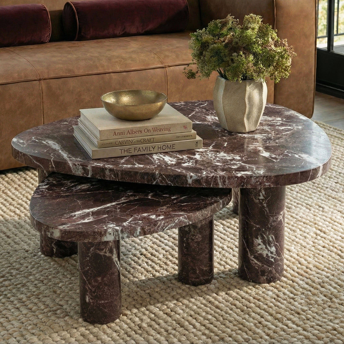 TOV Furniture Libby Faux Red Levanto Marble Nesting Coffee Table Set in red concrete, primary product view