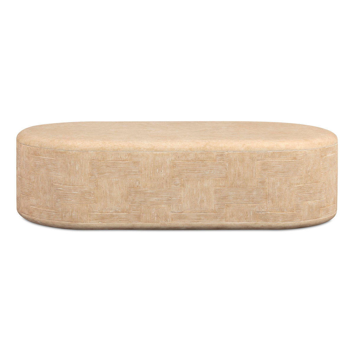 TOV Furniture Suraya 55" Indoor/Outdoor Concrete Rounded Coffee Table in faux travertine concrete, primary product view