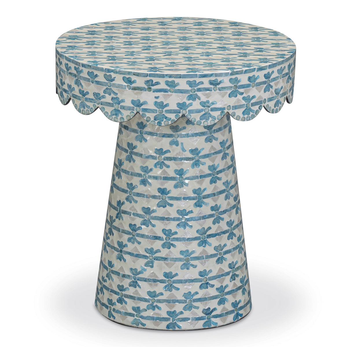 TOV Furniture Lady Blue Ribbon Capiz Shell Round Side Table in blue capiz shell, primary product view